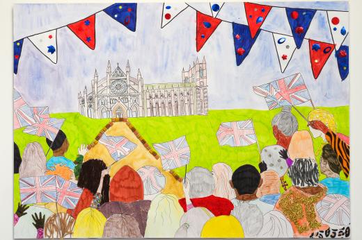 Artwork drawn by children showing a scene outside Westminster abbey