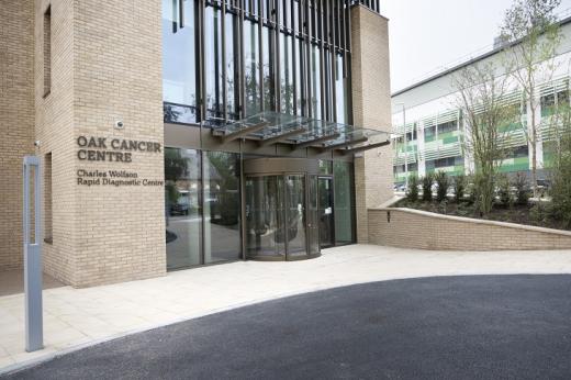 The outside of the Oak Cancer Centre, the entrance to the Charles Wolfson Rapid Diagnostic Centre.