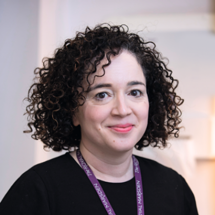 Consultant Medical Oncologist Dr Jaishree Bhosle wearing a purple Royal Marsden NHS Trust lanyard