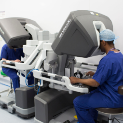 Surgeons training in robotic surgery using the Da Vinci Xi dual control consoles. 