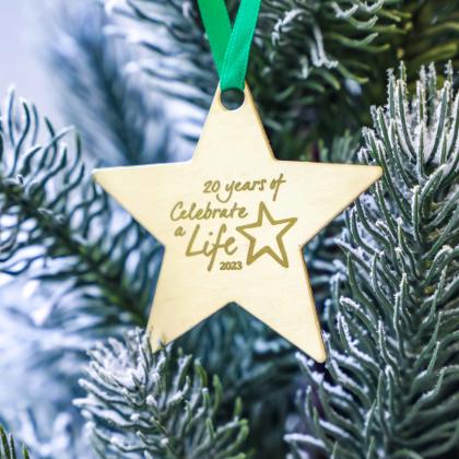 A brass star shaped Christmas tree decoration, hung on a tree with a green ribbon. 